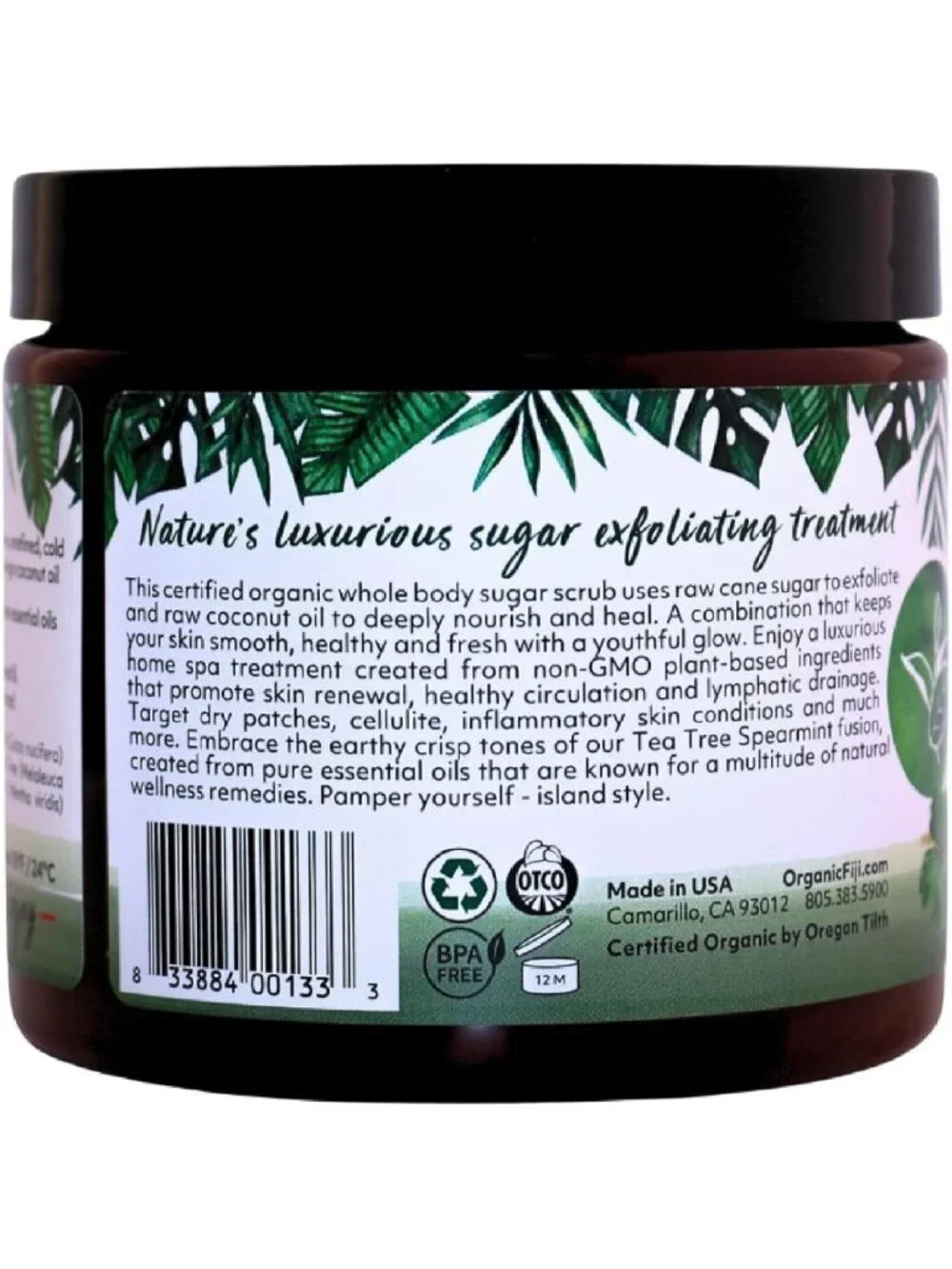 Organic Coconut Oil Sugar Scrub for Face & Body - Tea Tree Spearmint, 20oz
